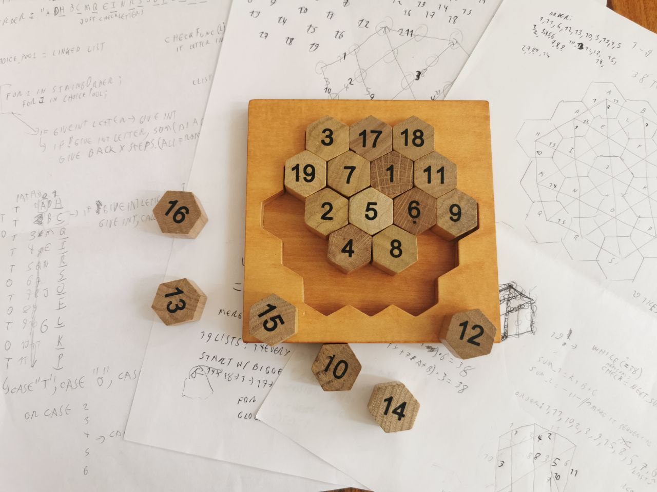 Aristotle's number puzzle: hexagonal wooden pieces on top of handwritten maths