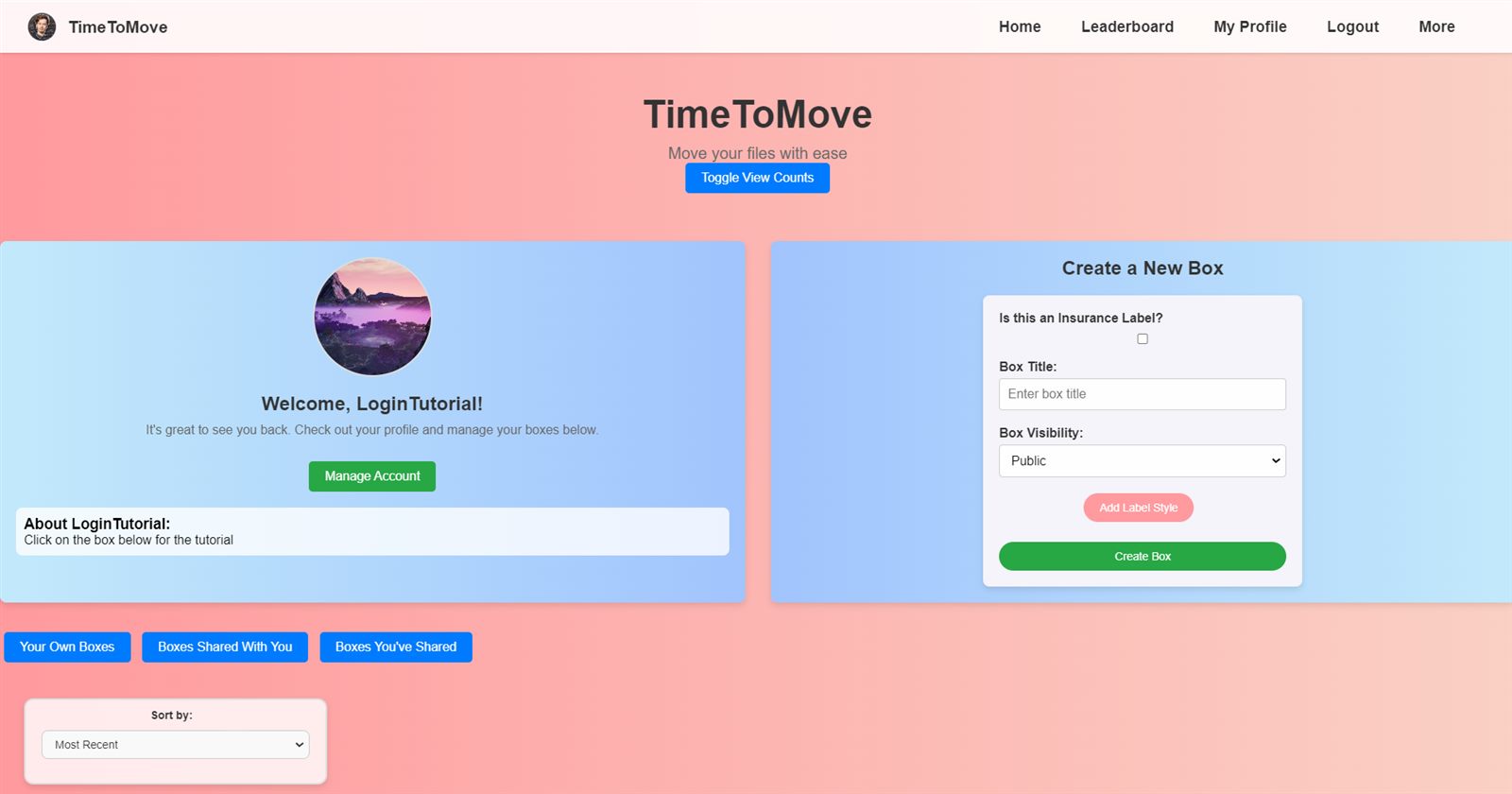 TimeToMove dashboard with a profile panel and a form for creating a new box