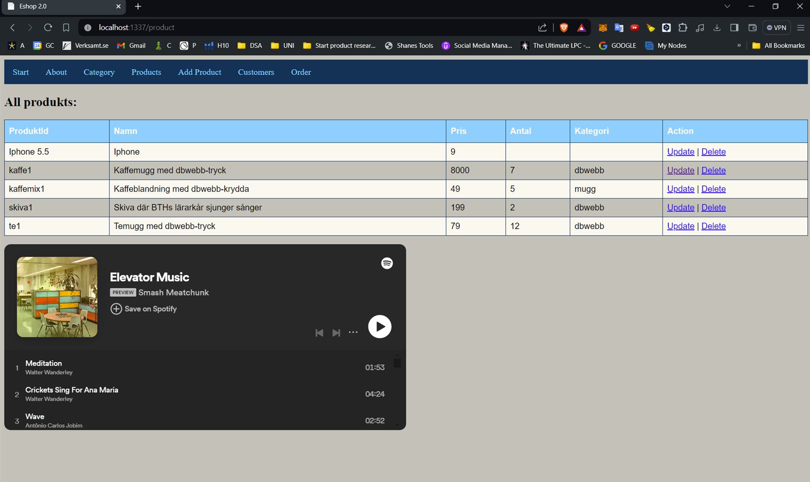 Eshop product table in a browser with update and delete actions