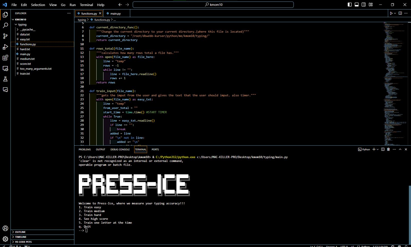Press-Ice typing game running in a terminal next to its Python code