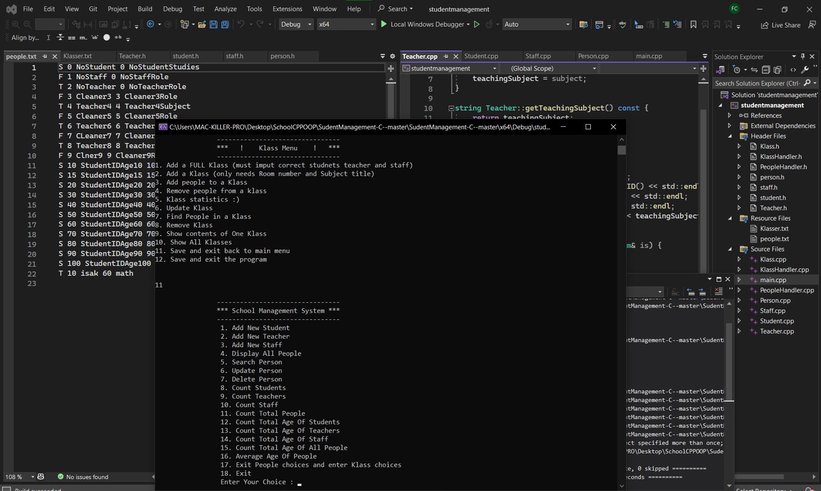 School Management System menu running in a terminal inside Visual Studio